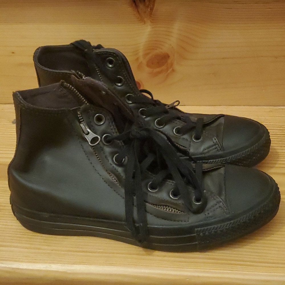 Converse brown leather high tops with zipper